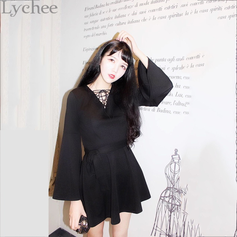 Lychee-Harajuku-Punk-Gothic-Women-Dress-V-Neck-Flare-Sleeve-Lace-Up-Dress-Casual-Party-Mini-Dress-32790539144