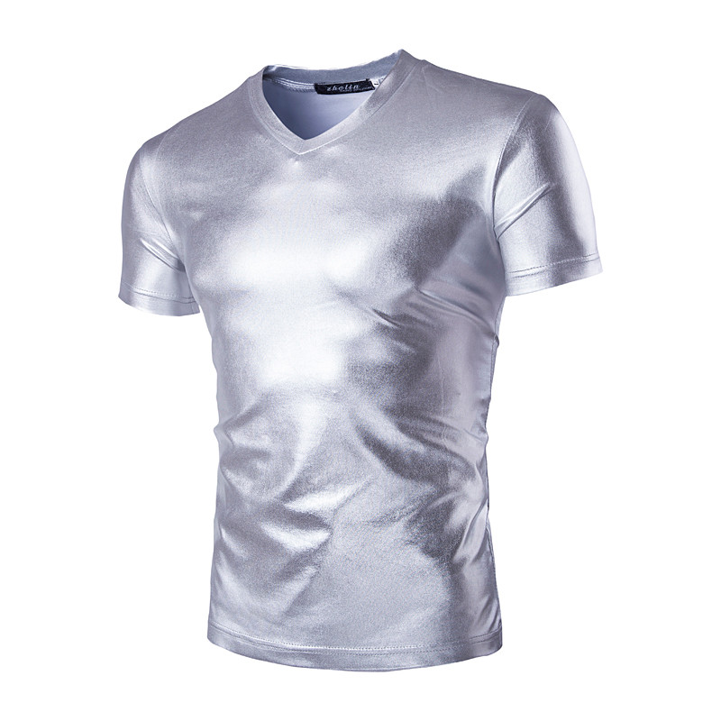 Mens-Trend-Night-Club-Coated-Metallic-Gold-Silver-T-Shirts-Stylish-Shiny-Short-Sleeves-Tshirts-Tees--32626935238