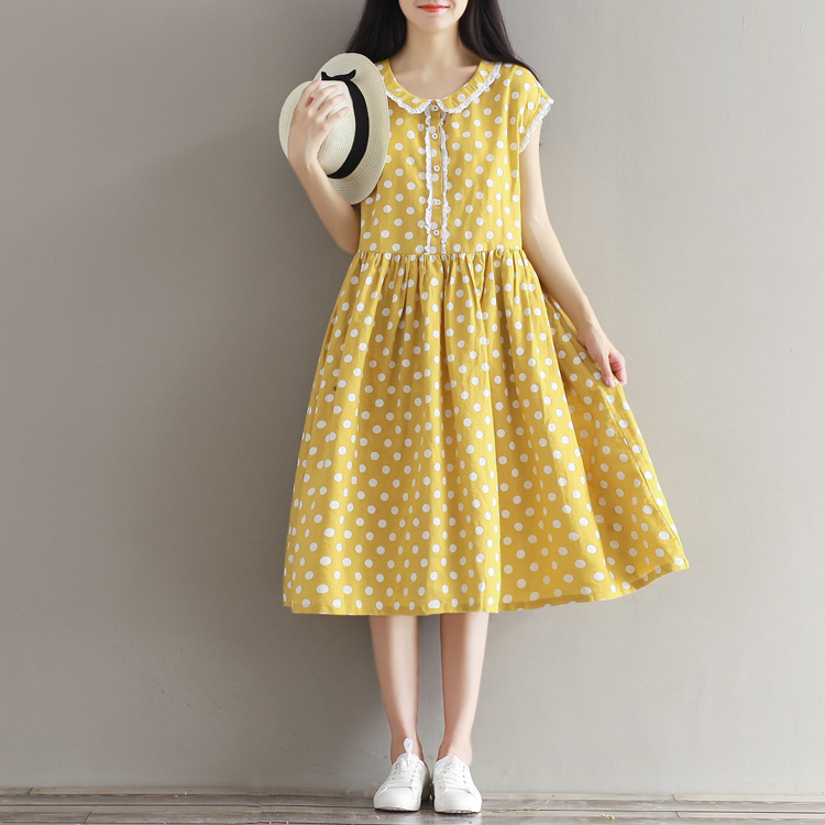Mferlier-Summer-Womens-Dresses-Cotton-Linen-Lolita-Dress-Short-Sleeve-Dot-Print-Peter-Pan-Collar-Yel-32794220368