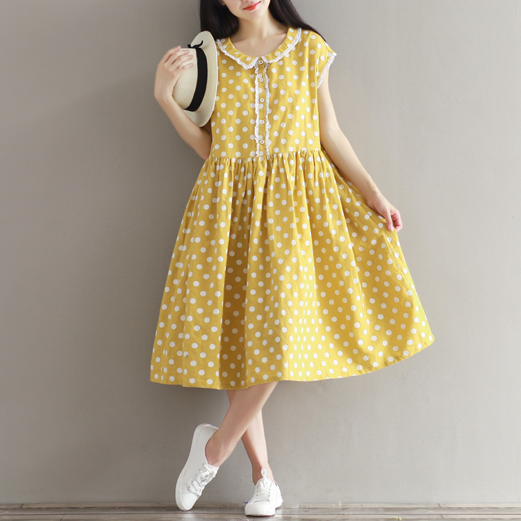 Mferlier-Summer-Womens-Dresses-Cotton-Linen-Lolita-Dress-Short-Sleeve-Dot-Print-Peter-Pan-Collar-Yel-32794220368