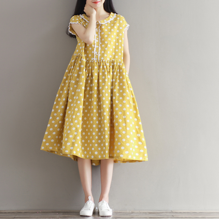 Mferlier-Summer-Womens-Dresses-Cotton-Linen-Lolita-Dress-Short-Sleeve-Dot-Print-Peter-Pan-Collar-Yel-32794220368