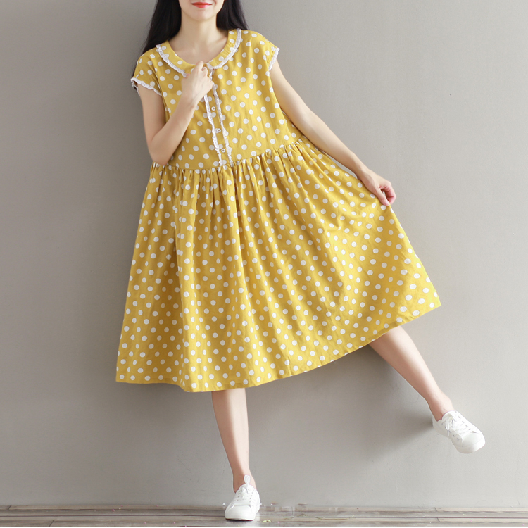 Mferlier-Summer-Womens-Dresses-Cotton-Linen-Lolita-Dress-Short-Sleeve-Dot-Print-Peter-Pan-Collar-Yel-32794220368