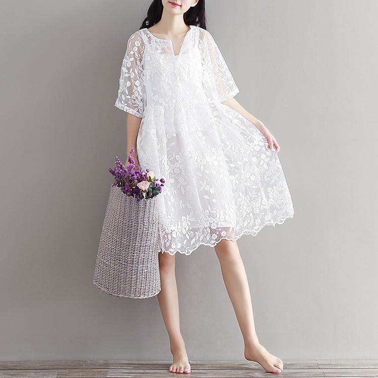 Mori-Girl-Chiffon-Dress-White-Color-High-Waist-Embroidery-Lace-Women-Dress-Half-Dress-O-Neck-Two-Pie-32687236537