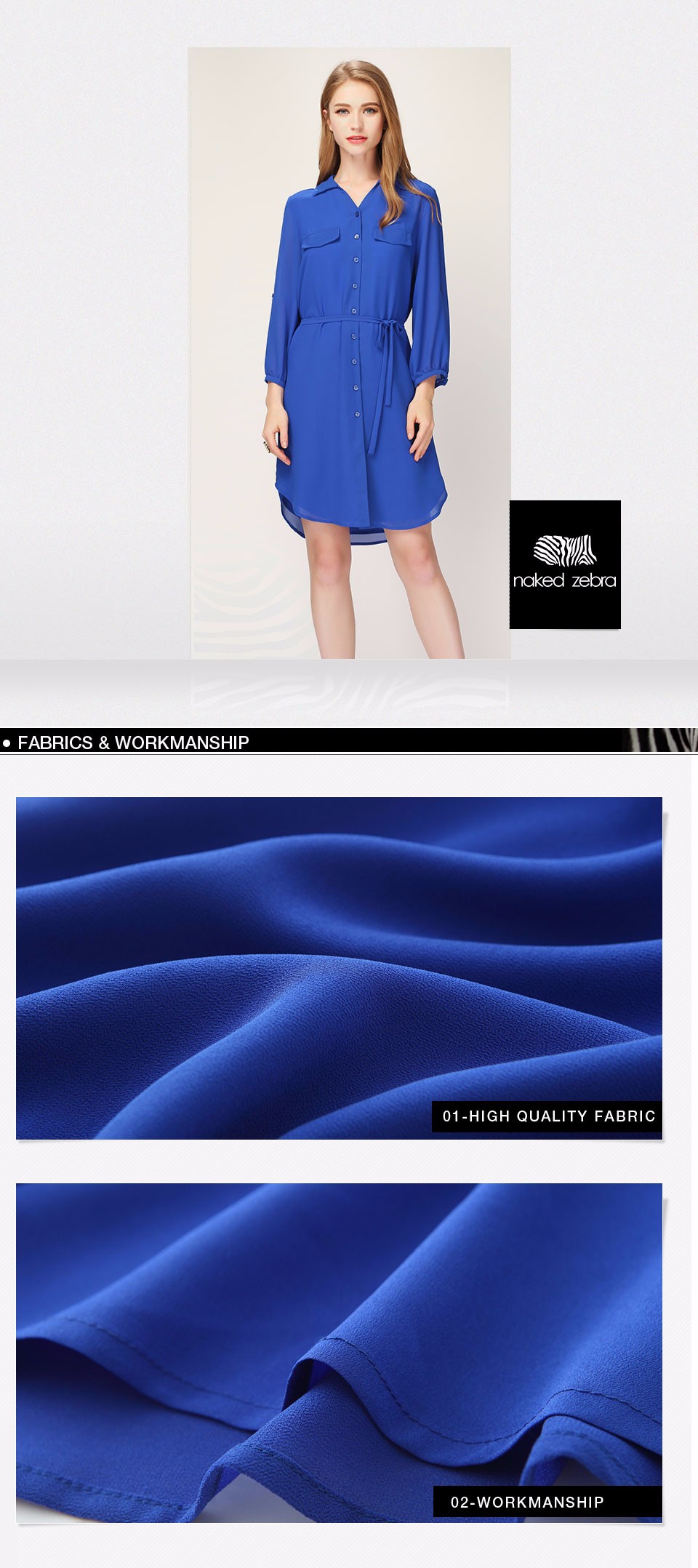 NAKED-ZEBRA-Women-Chiffon-Dress-Summer--With-Buttons-Knee-Length-With-Belt-Pure-Color-Long-Sleeve-La-32782673580