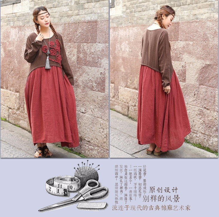 New-2016-spring-Women-cotton-linen-embroidered-long-sleeved-Mori-style-dress-Pactwork-colors-loose-w-32642335523