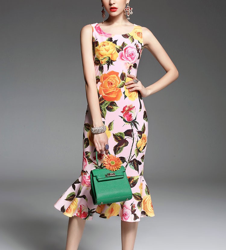 New-2017-Fashion-Runway-Designer-Spring-Summer-Dress-Women39s-Sleeveless-Elegant-Pink-Rose-Floral-Pr-32764576800