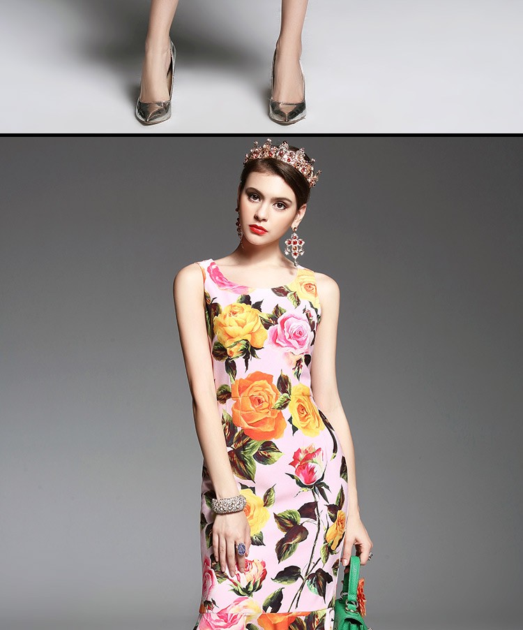 New-2017-Fashion-Runway-Designer-Spring-Summer-Dress-Women39s-Sleeveless-Elegant-Pink-Rose-Floral-Pr-32764576800