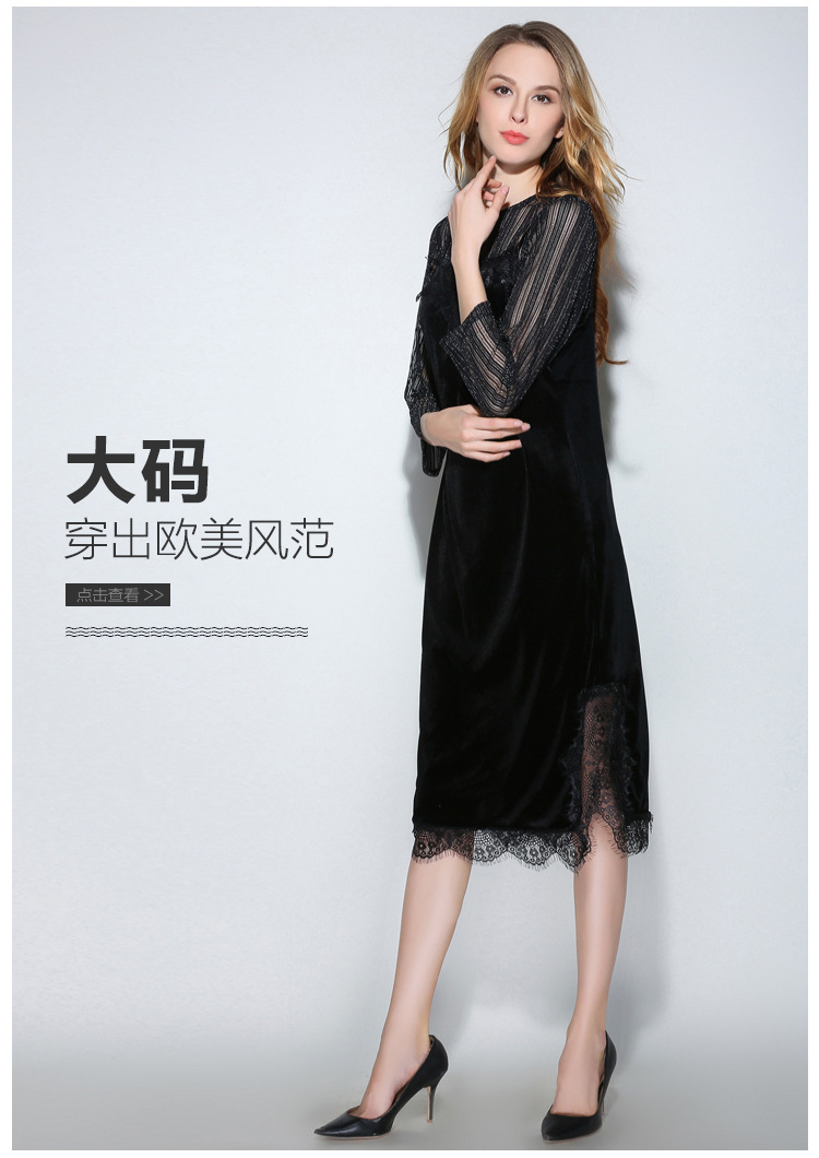 New-2017-Fashion-Women-plus-size-twinset-gold-velvet-knee-length-dress-mesh-tops-lace-hem-tank-dress-32784254190