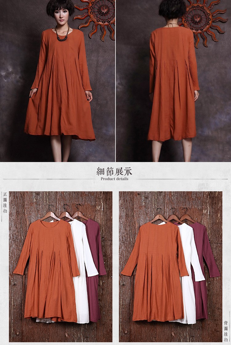 New-2017-spring-autumn-women39s-solid-colors-vintage-cotton-linen-dress-long-sleeve-big-hem-dress-fo-32430469436