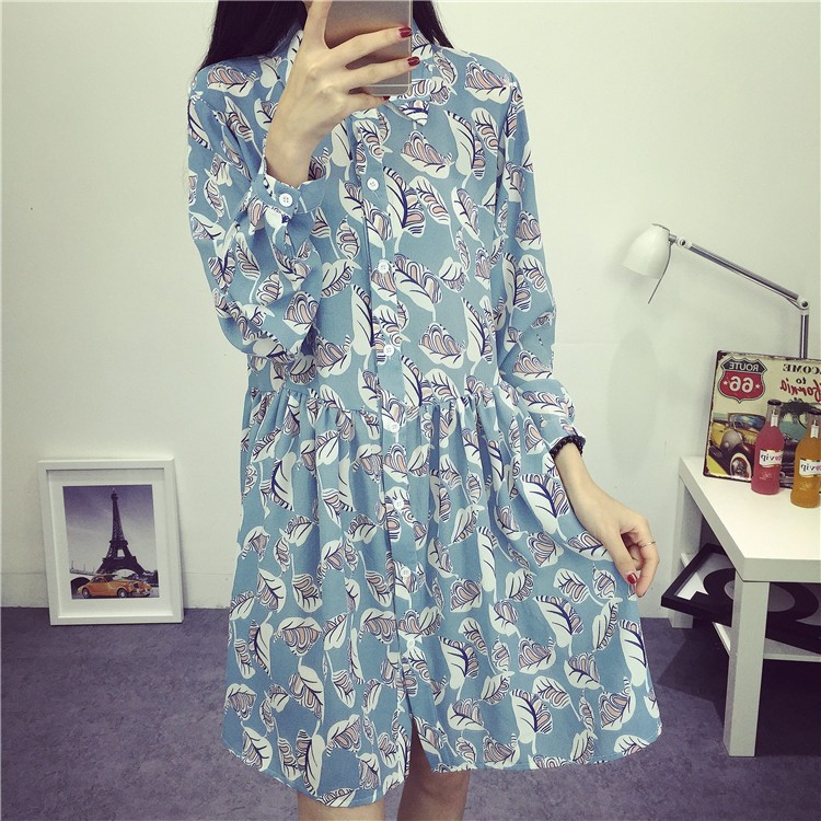 New-Autumn-Women-casual-leaf-print-dresses-swallow-check-Turn-down-collar-Full-sleeve-straight-dress-32741904117