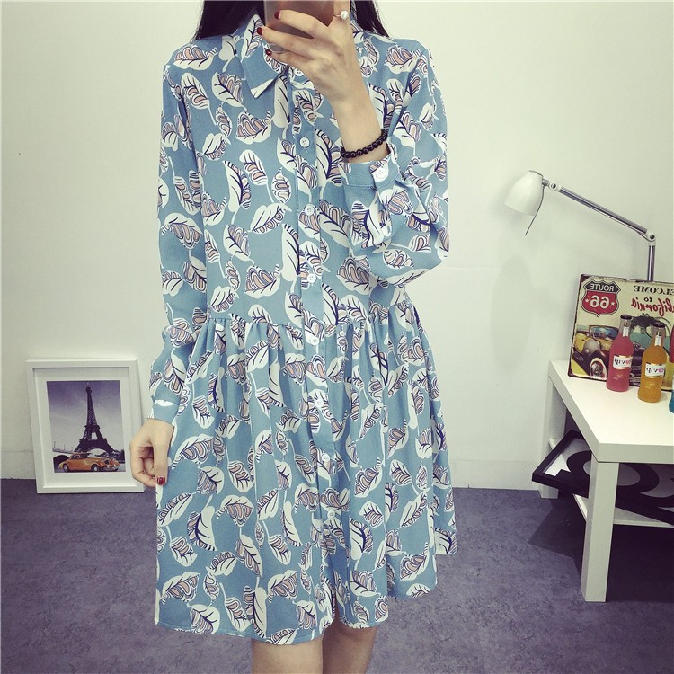 New-Autumn-Women-casual-leaf-print-dresses-swallow-check-Turn-down-collar-Full-sleeve-straight-dress-32741904117
