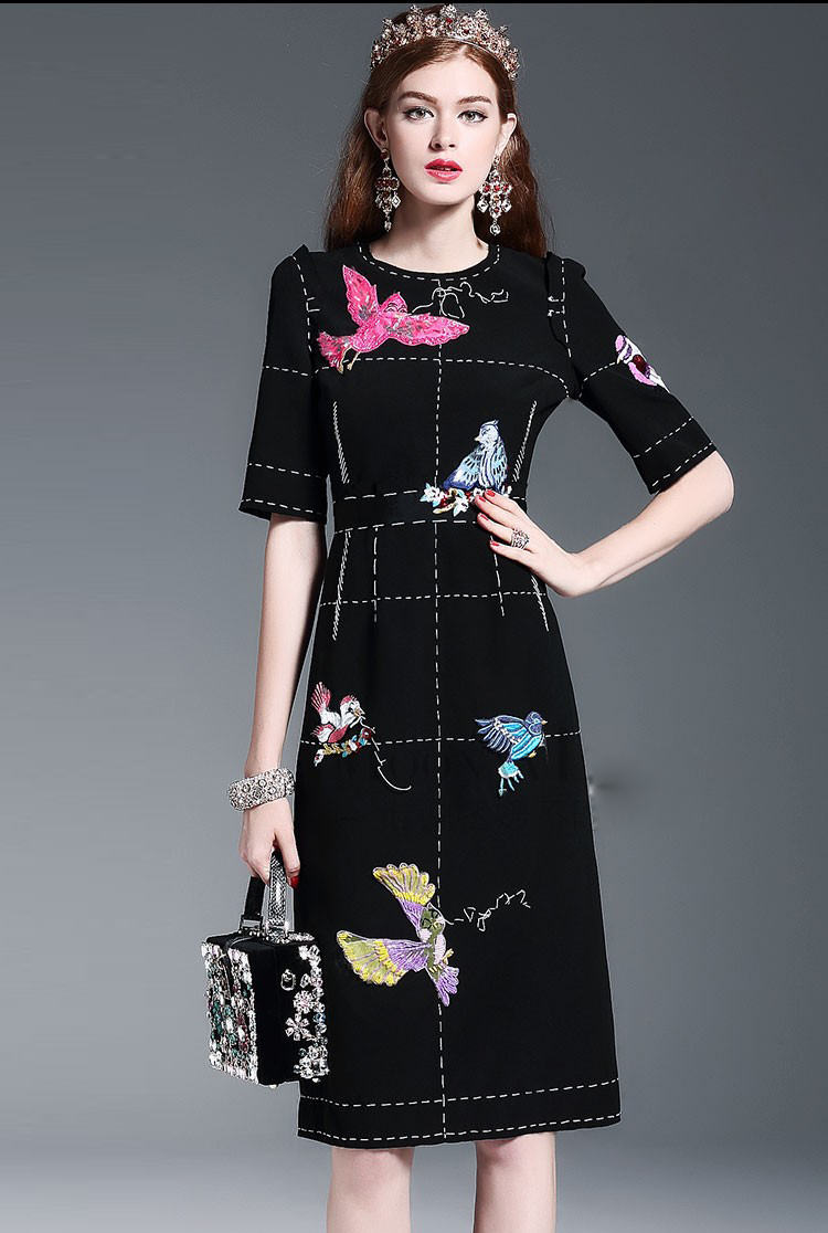 New-Fashion-2016-Runway-Dress-Women39s-High-Quality-Half-Sleeve-Luxury-Birds-Beading-Sequin-Black-Kn-32707299002