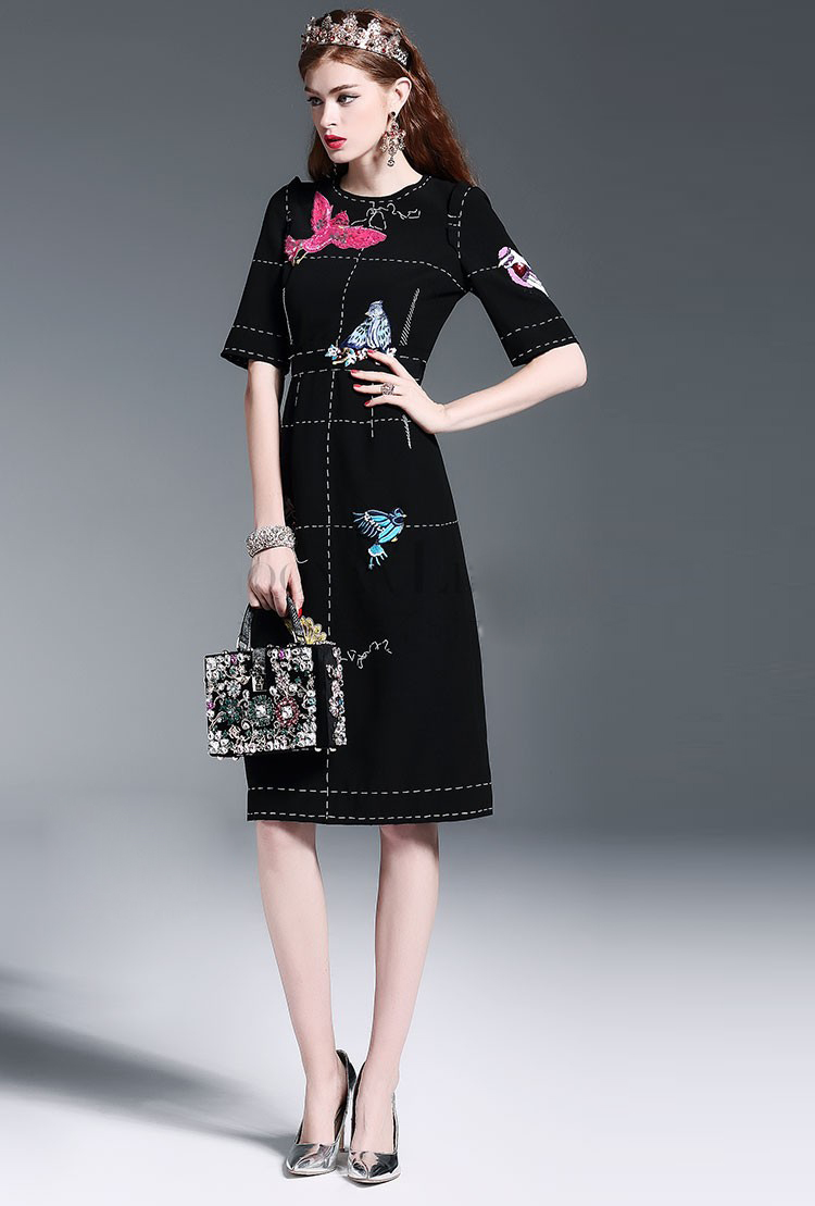 New-Fashion-2016-Runway-Dress-Women39s-High-Quality-Half-Sleeve-Luxury-Birds-Beading-Sequin-Black-Kn-32707299002