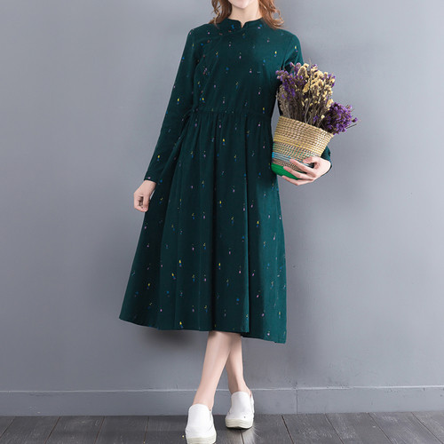 New-Spring-Autumn-Mori-Girl-Maxi-Long-Dress-Stand-Collar-Corduroy-Women-Green-Vestidos-Full-Sleeve-P-32761107378