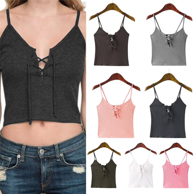 New-Women-Camis-Front-Cross-Lacing-Up-Straps-Bustier-Crop-Top-Tank-32795633507