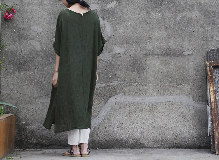 New-Women-Linen-Raglan-Short-Sleeve-Dress-Literary-2018-Summer-V-Neck-Single-Breasted-Cardigan-Robe--32349419061