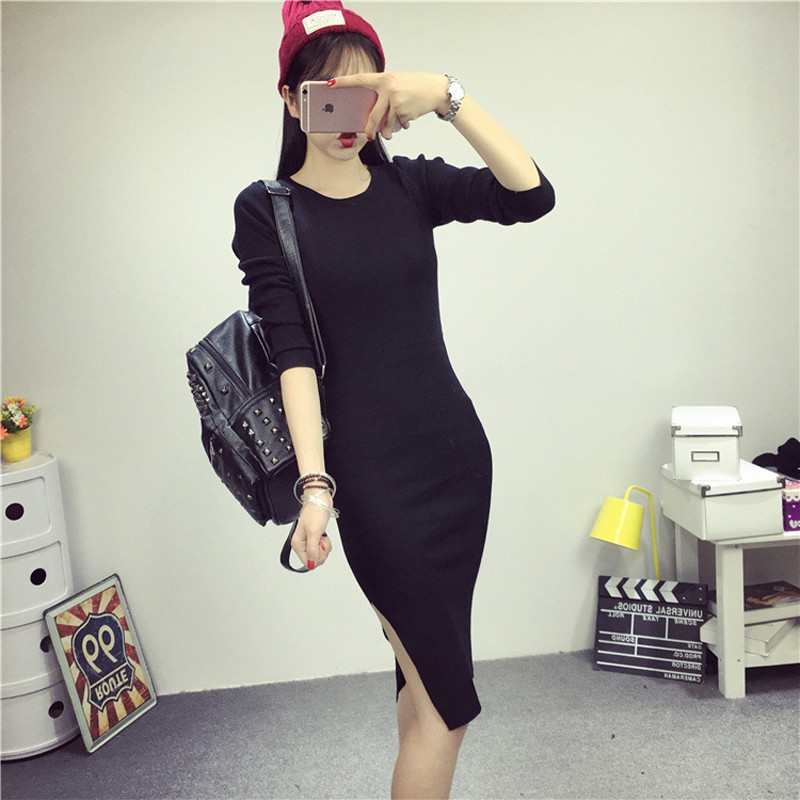 New-autumn-sexy-jersey-dress-women39s-pink-and-black-with-side-slit-32696584477