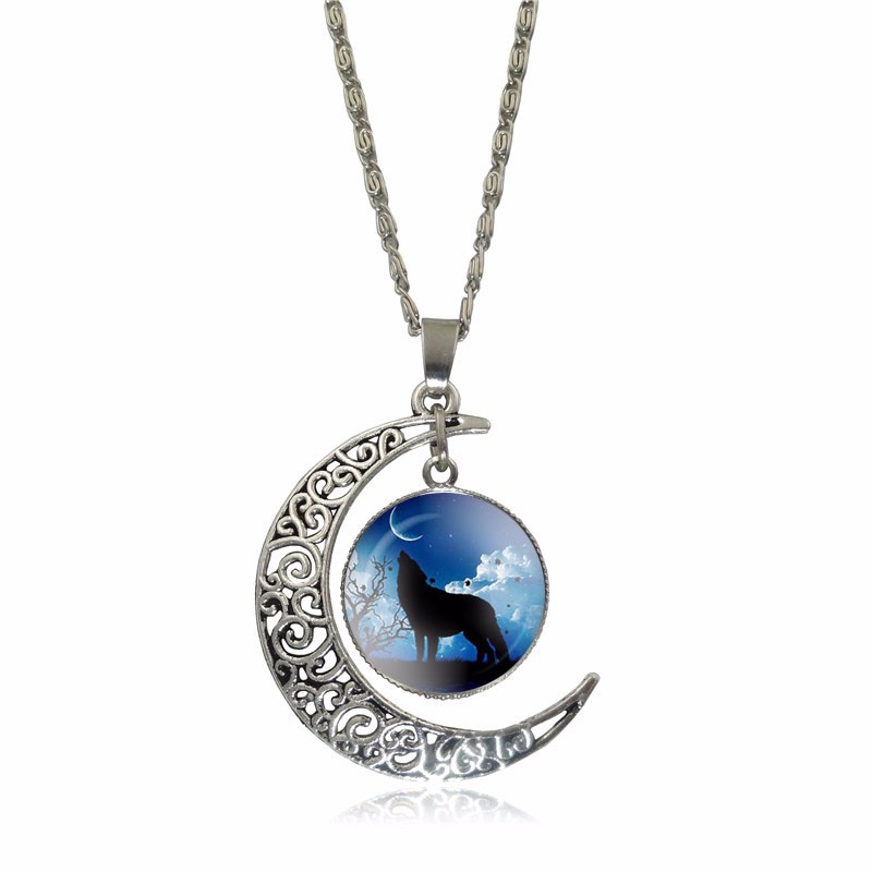 Newest-Glass-Cabochon-Wolf-Picture-Pendant-Vintage-Jewelry-Silver-Plated-Half-Moon-Chain-Necklace-fo-32611306556