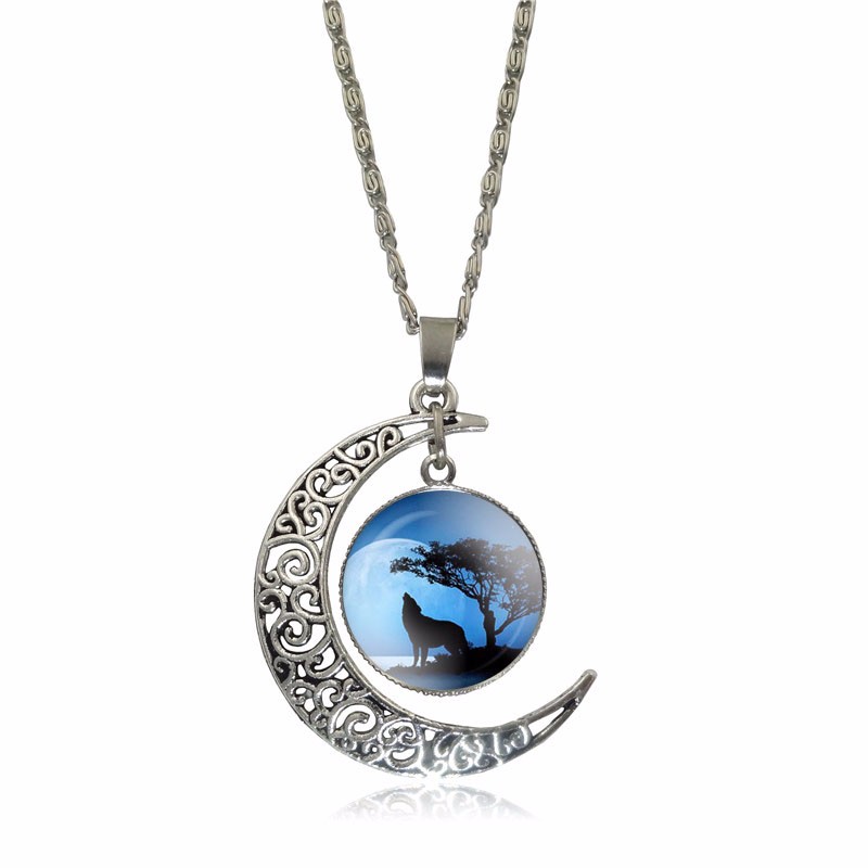 Newest-Glass-Cabochon-Wolf-Picture-Pendant-Vintage-Jewelry-Silver-Plated-Half-Moon-Chain-Necklace-fo-32611306556
