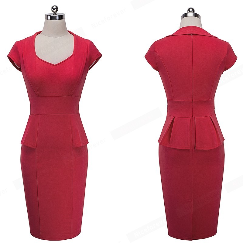 Nice-forever-Vintage-Casual-Office-Dress-Sweet-heart-Neck-Women-Formal-Business-Short-Sleeve-Bodycon-32771162890