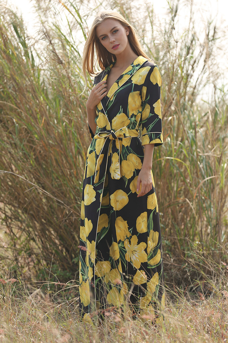 Novelty-Dresses-2017-New-Spring-Half-Sleeve-Turn-down-Collar-Lemon-Print-Slim-Belt-Loose-Casual-Spli-32781547136