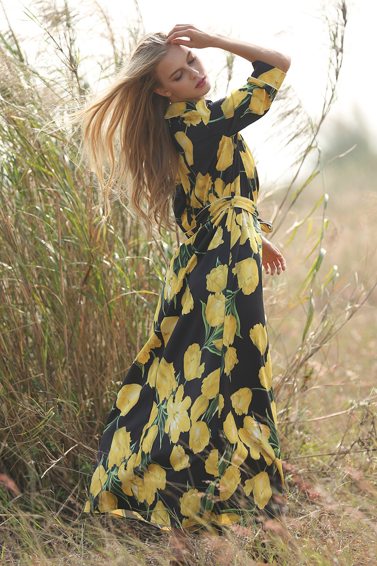 Novelty-Dresses-2017-New-Spring-Half-Sleeve-Turn-down-Collar-Lemon-Print-Slim-Belt-Loose-Casual-Spli-32781547136