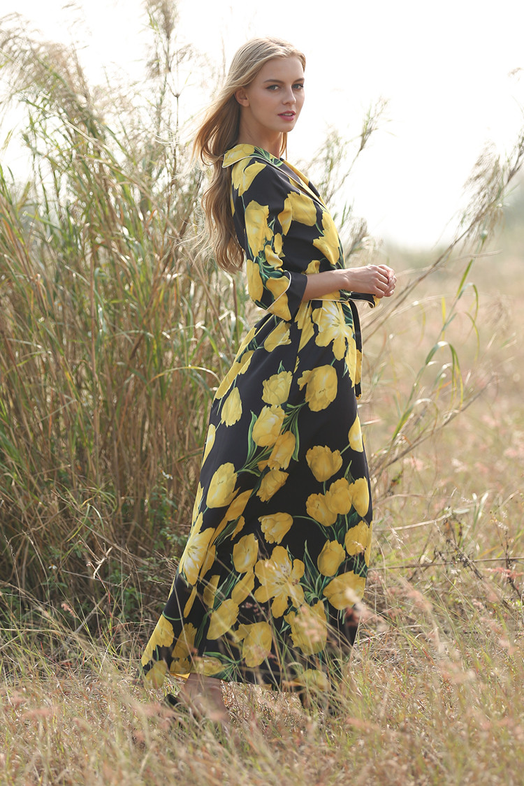 Novelty-Dresses-2017-New-Spring-Half-Sleeve-Turn-down-Collar-Lemon-Print-Slim-Belt-Loose-Casual-Spli-32781547136