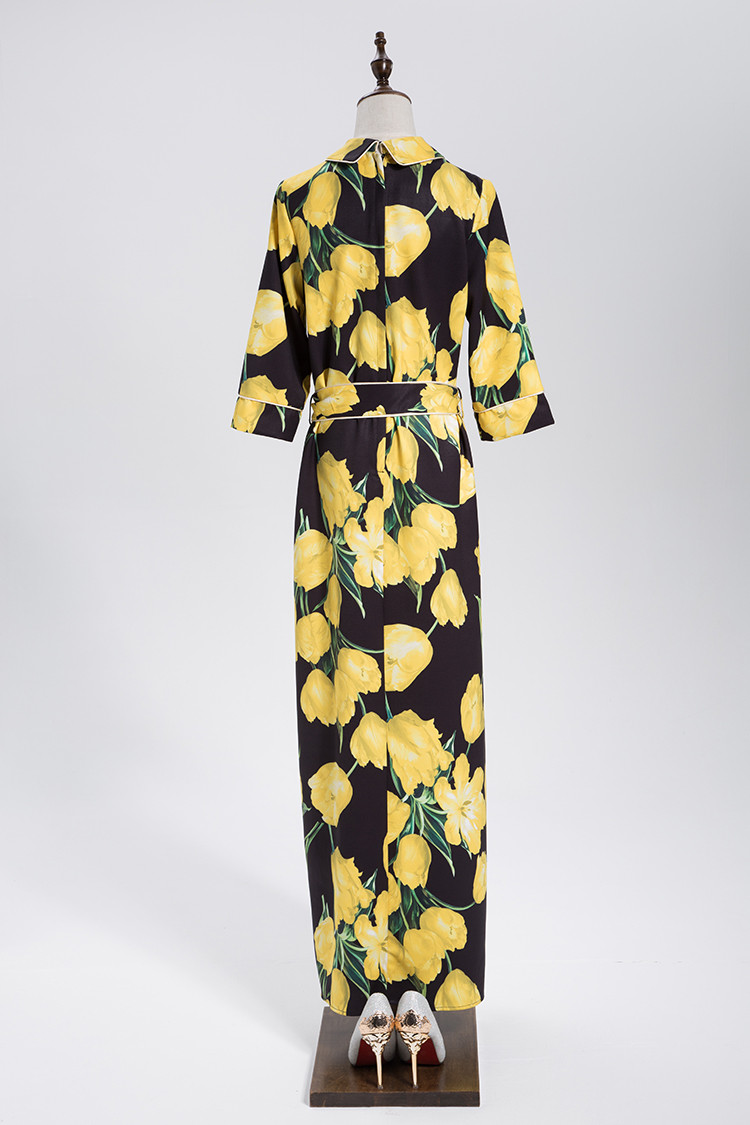 Novelty-Dresses-2017-New-Spring-Half-Sleeve-Turn-down-Collar-Lemon-Print-Slim-Belt-Loose-Casual-Spli-32781547136