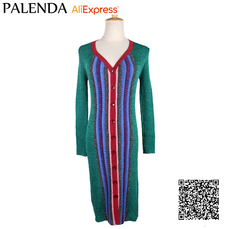 Palenda-2016-autumn-sweater-knit-dress-striped-green-wide-fit-v-neck-fashion-women-female-thick-32728583765