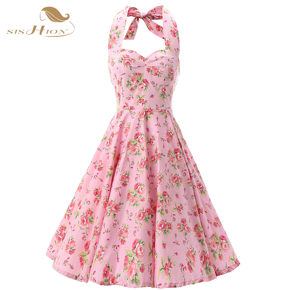 Pink-Women-Dress-Rockabilly-Floral-Print-Retro-Vintage-60s-Sexy-Party-Dress-Pinup-Swing-Hepburn-Summ-32656307784