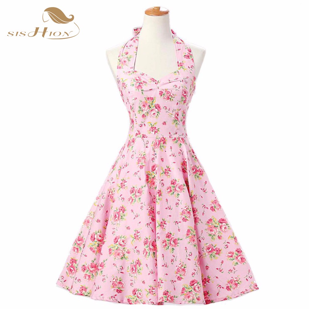 Pink-Women-Dress-Rockabilly-Floral-Print-Retro-Vintage-60s-Sexy-Party-Dress-Pinup-Swing-Hepburn-Summ-32656307784