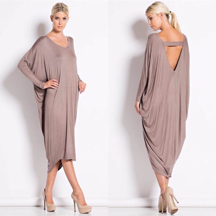 Plus-Size-Autumn-Dress-Fashion-New-Women-Solid-Color-V-Neck-Batwing-Sleeve-Backless-Casual-Loose-Par-32709426217