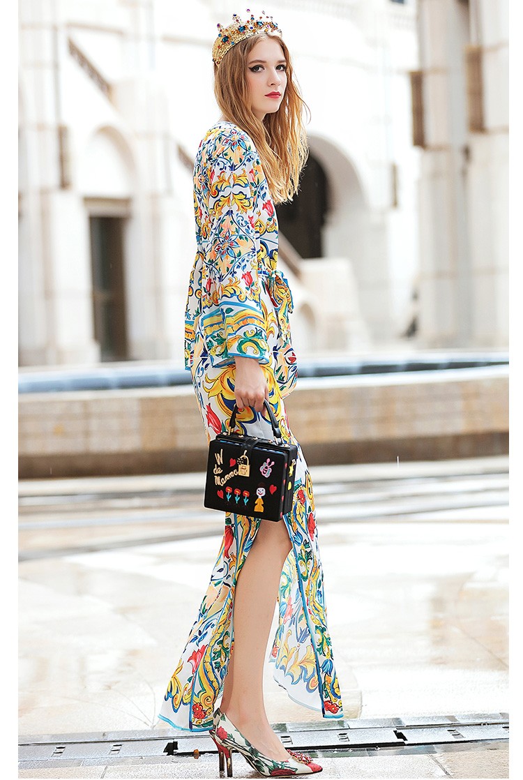 Runway-Maxi-Dress-2016-Women39s-Long-Sleeve-Belted-Casual-Slit-Charming-Floral-Print-Long-Dress-High-32725765738