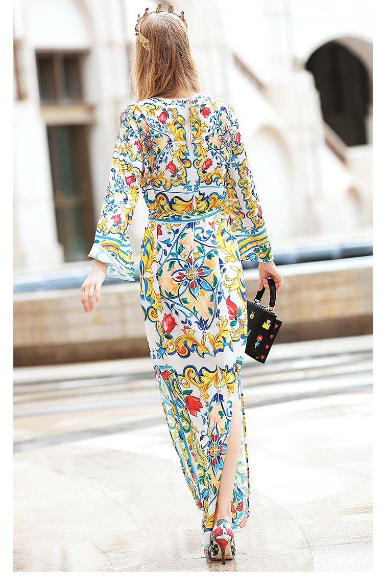 Runway-Maxi-Dress-2016-Women39s-Long-Sleeve-Belted-Casual-Slit-Charming-Floral-Print-Long-Dress-High-32725765738