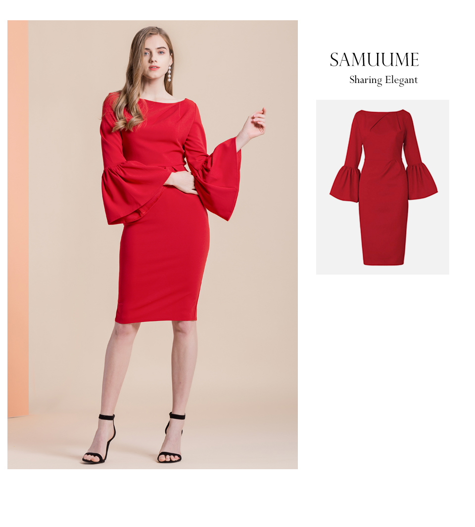 Samuume-High-Class-Sexy-Office-Lady-Temperament-Flare-Sleeve-Round-Neck-Dress-Women-2018-Bodycon-Pen-32749171829