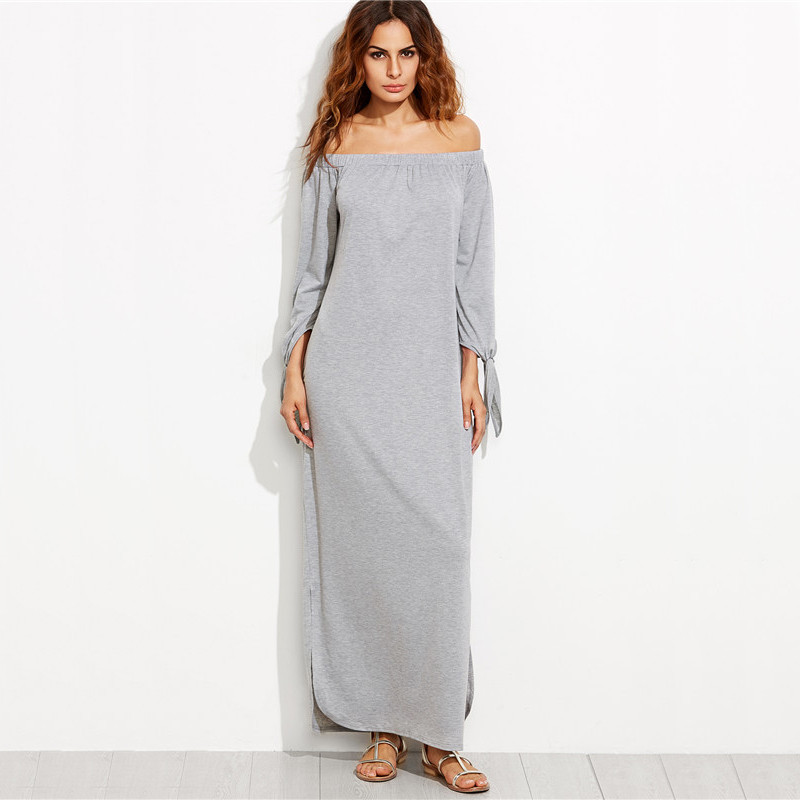 SheIn-Long-Shift-T-shirt-Dresses-For-Ladies-Summer-Heather-Grey-Off-The-Shoulder-Tie-Long-Sleeve-Sli-32735541437