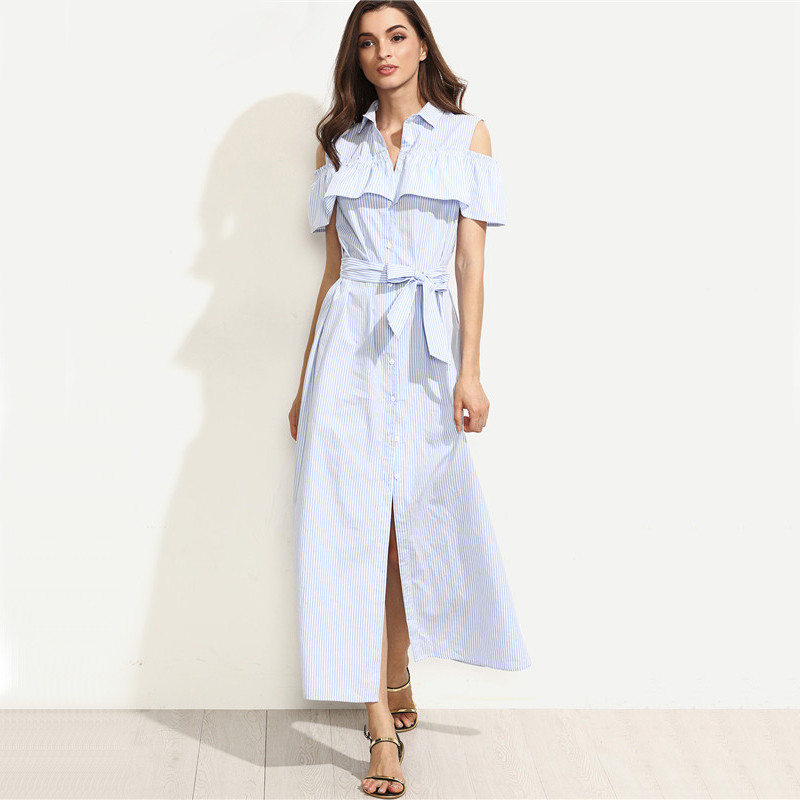 SheIn-New-Women-Long-Dresses-Summer-Ladies-Blue-Striped-Lapel-Short-Sleeve-Cold-Shoulder-Ruffle-Tie--32697048129