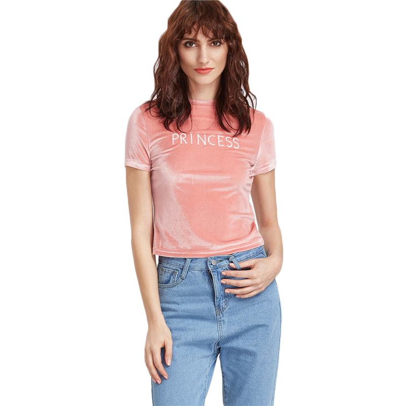 SheIn-Velvet-Top-Casual-Women-Tee-Shirts-Summer-Ladies-Pink-Letter-Embroidered-Crew-Neck-Short-Sleev-32794409243