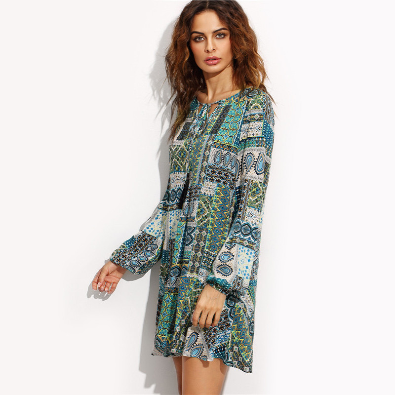 SheIn-Womens-Vintage-Short-Dresses-Boho-Ladies-Autumn-Green-Ornate-Patchwork-Print-Tie-Neck-Long-Sle-32735007122