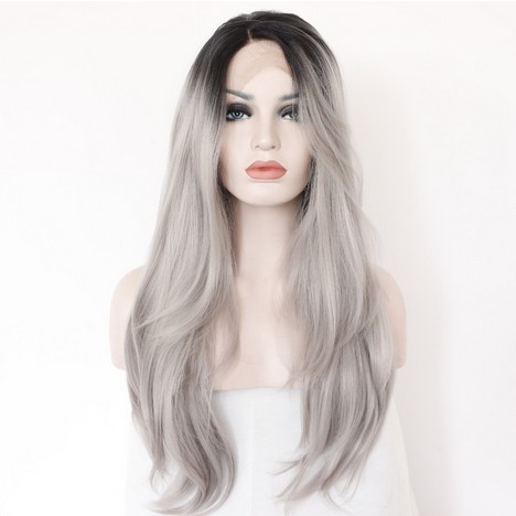 Silk-Straight-Ombre-Silver-Grey-Heat-Resistant-Synthetic-Lace-Front-Wig-2-Tones-Natural-BlackGrey-Ha-32596190153
