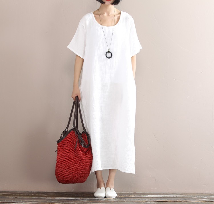 Solid-colors-cotton-linen-long-dress-2016-Summer-women-loose-waist-casual-gown-Short-sleeve-large-si-32674155641