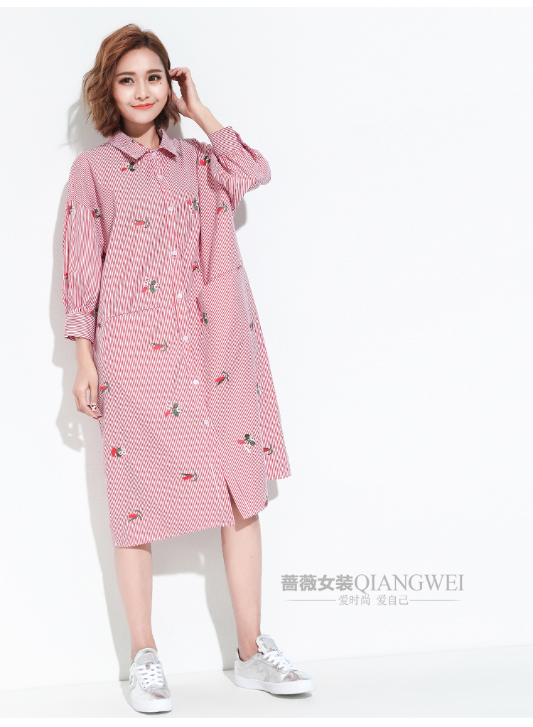 Striped-Lapel-Shirt-Dress-Batwing-Sleeve-Print-Embroidery-Shirt-Dress-Three-Quarter-Sleeve-Fow-Women-32804235965