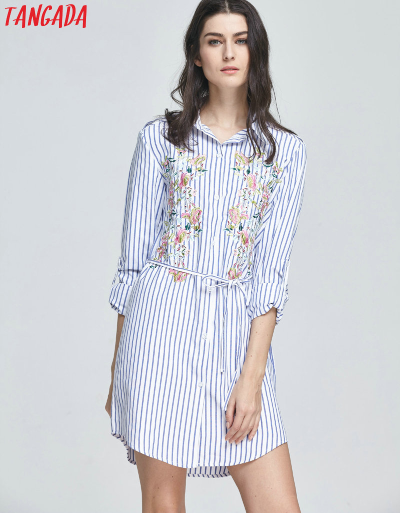Tangada-Fashion-Women-Blue-Striped-Shirt-Dress-Floral-Embroidery-Turn-down-Collar-Sashes-Long-Sleeve-32772202335