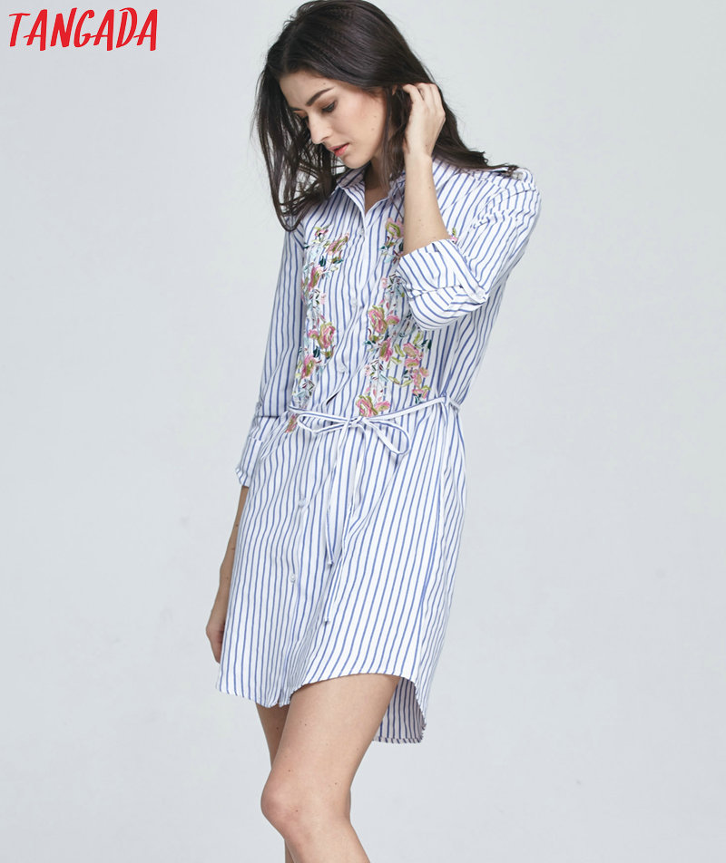 Tangada-Fashion-Women-Blue-Striped-Shirt-Dress-Floral-Embroidery-Turn-down-Collar-Sashes-Long-Sleeve-32772202335