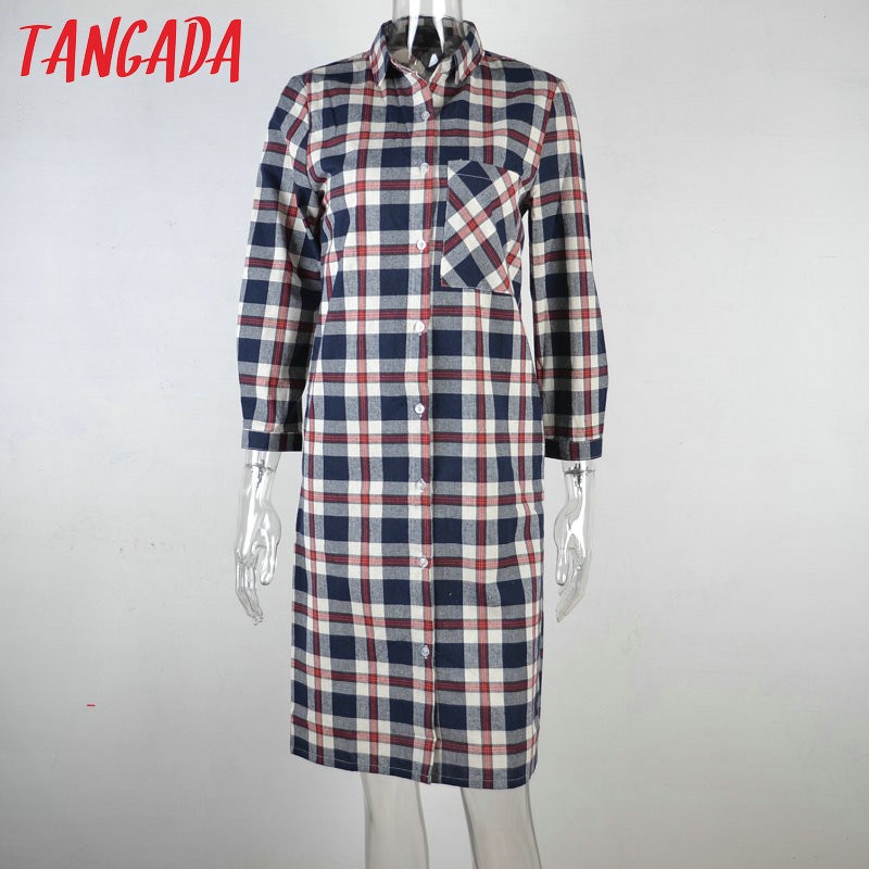 Tangada-Women-Dress-Fashion-Autumn-Cotton-Plaid-Print-Front-Back-Buttons-Pocket-Long-Sleeve-Turn-dow-32441180622