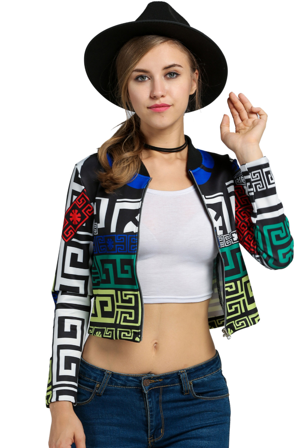 Tengeio-Autumn-Cropped-Ethnic-Jackets-Women-basic-Coat-Multicolor-Geometric-Print-Slim-Zip-Up-Long-S-32737057099
