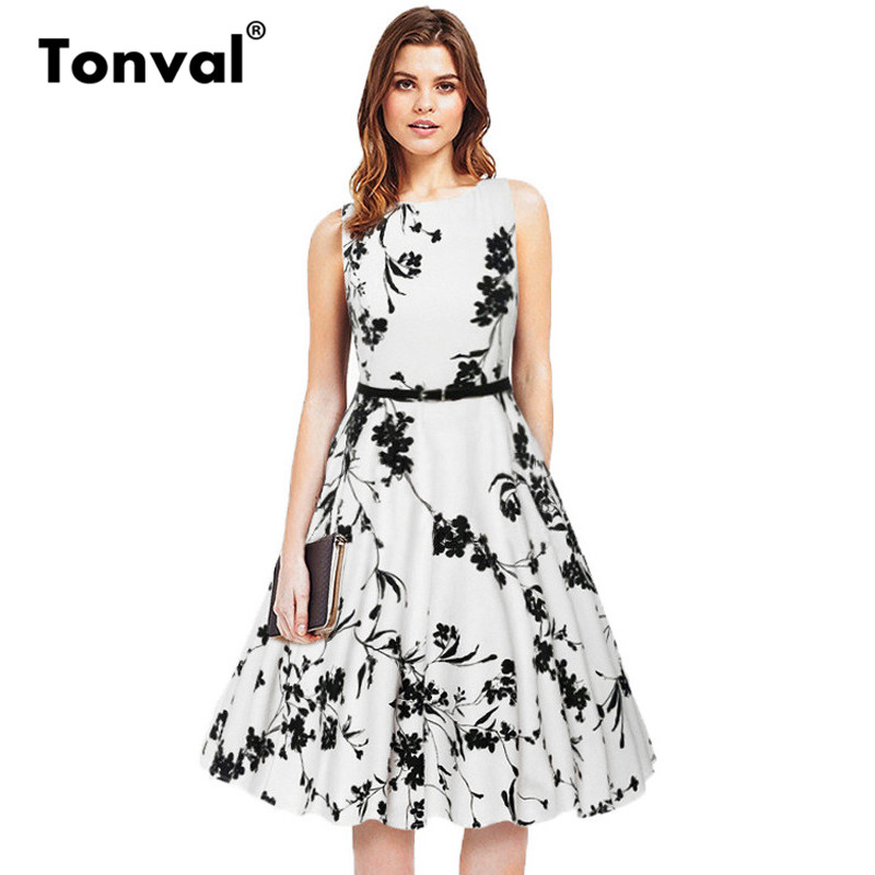 Tonval-Flowers-Print-1950s-White-Vintage-Dress-Women-4XL-Plus-Size-Belted-Floral-Dress-Summer-Tunic--32653539732