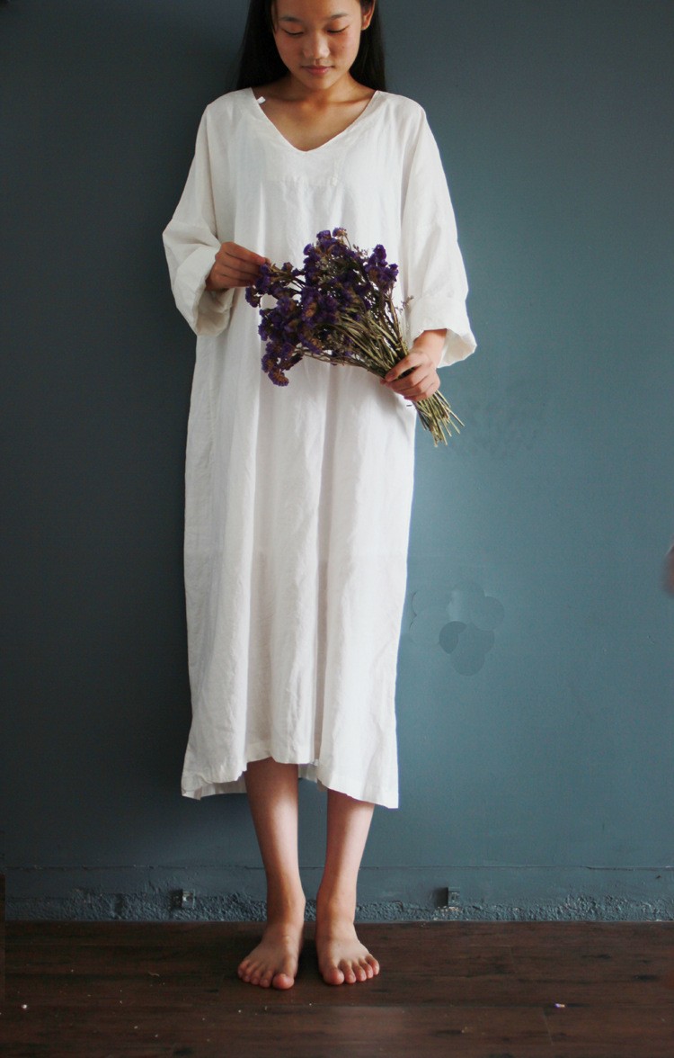 V-collar-cotton-linen-long-gown-New-2016-autumn-half-sleeve-loose-waist-casual-dresses-for-female-Vi-32707808807