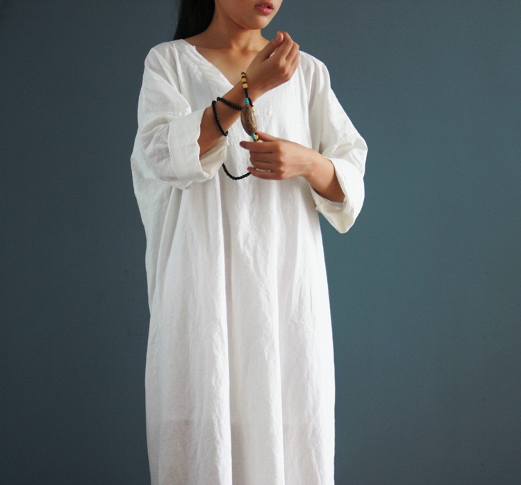 V-collar-cotton-linen-long-gown-New-2016-autumn-half-sleeve-loose-waist-casual-dresses-for-female-Vi-32707808807