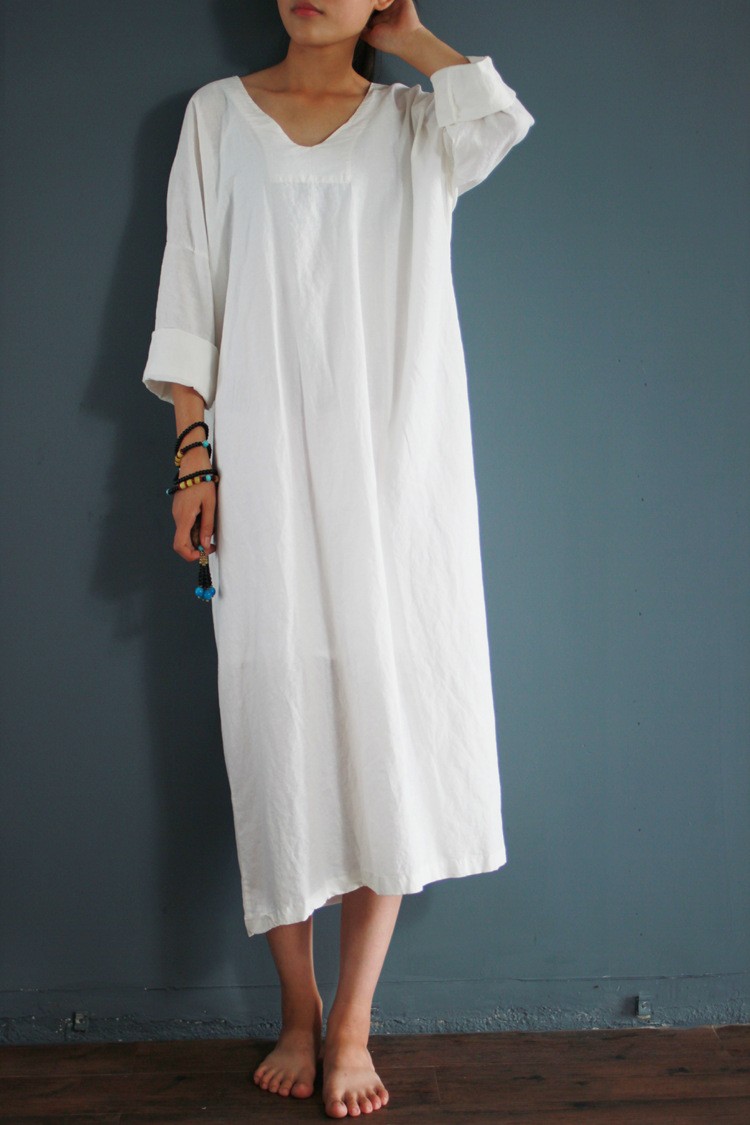 V-collar-cotton-linen-long-gown-New-2016-autumn-half-sleeve-loose-waist-casual-dresses-for-female-Vi-32707808807